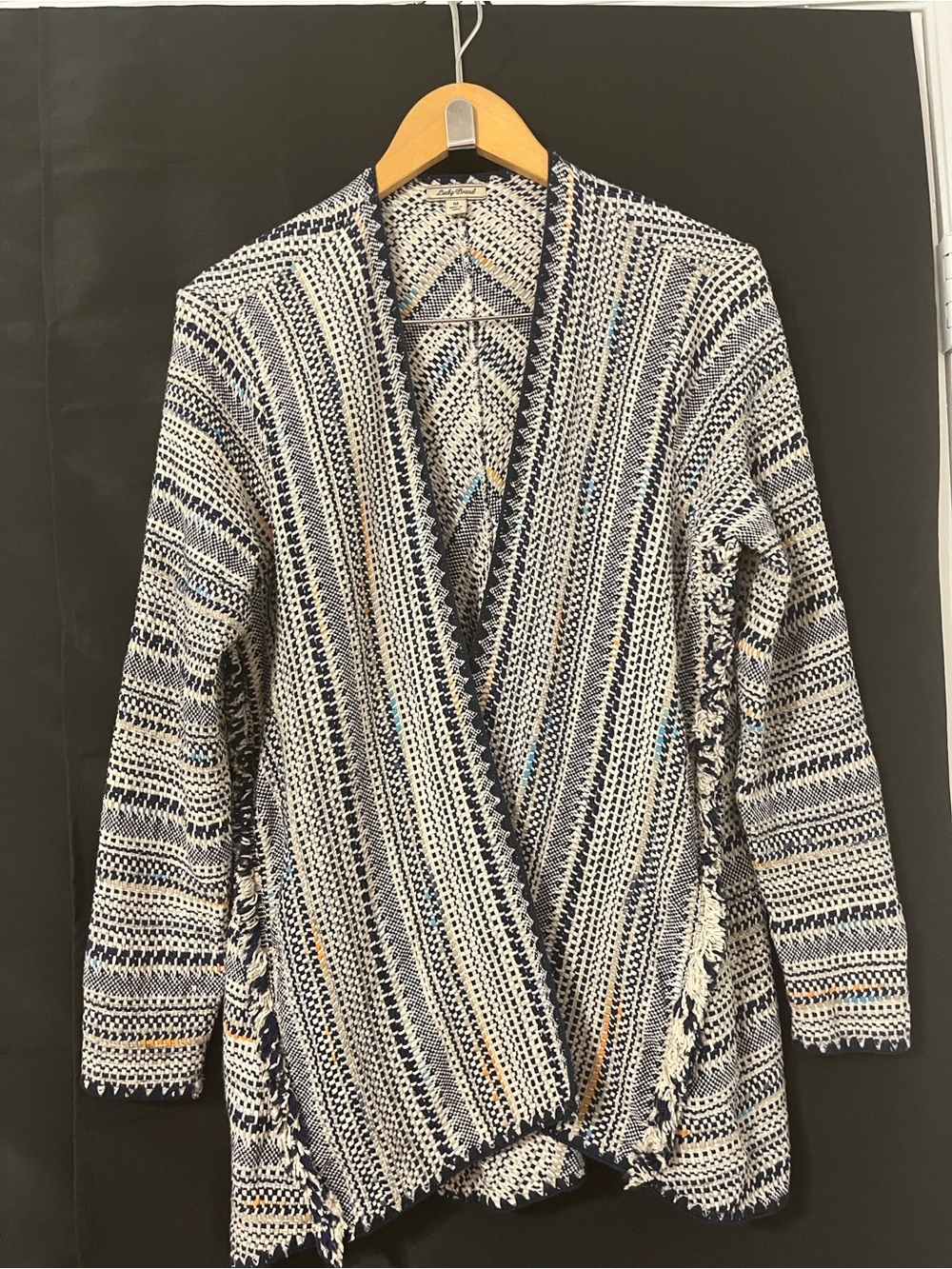 Lucky Brand Navy, White & Mustard Open-Front Knit Cardigan
